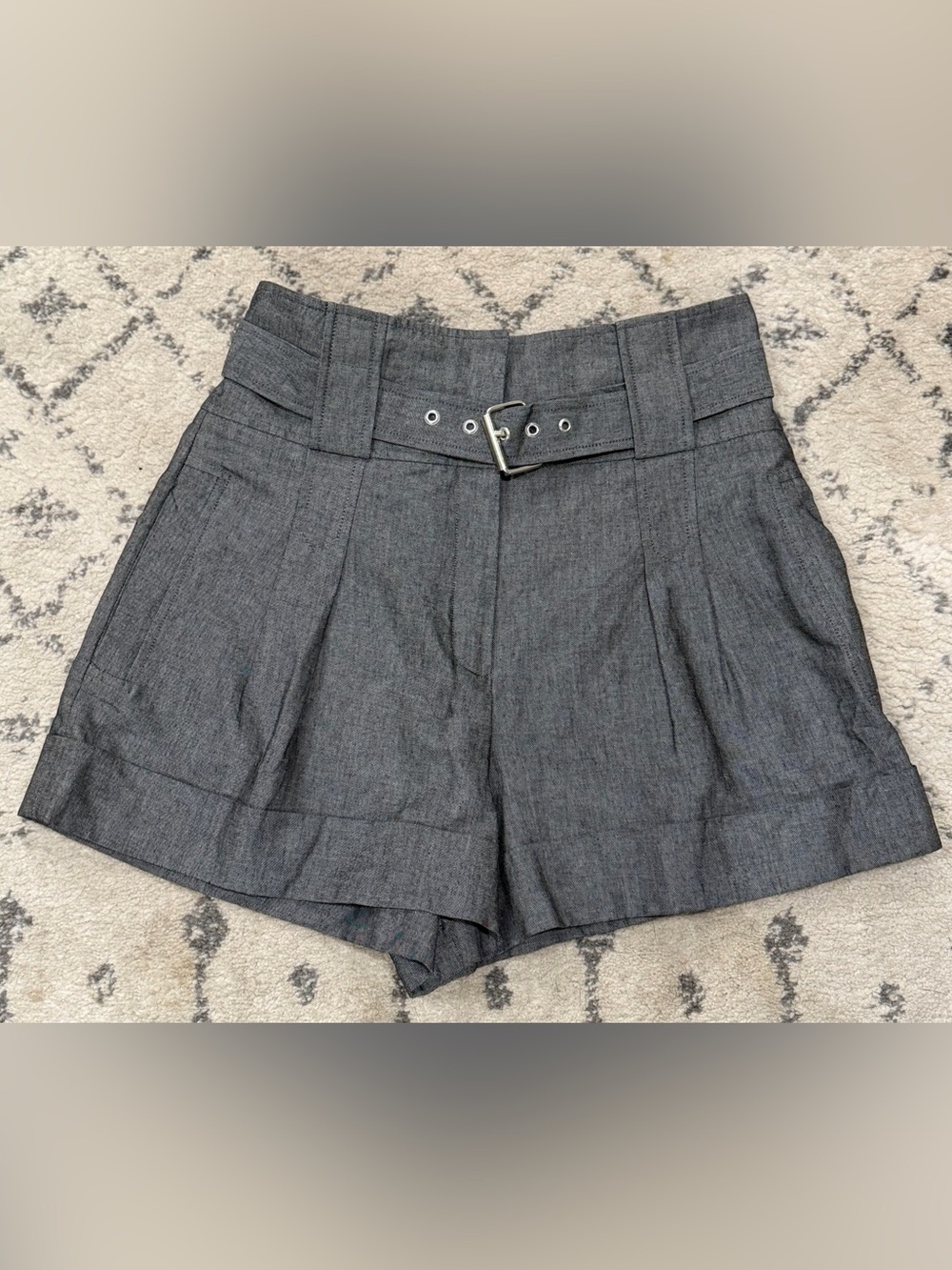 French Connection Charcoal High-Waist Pleated Shorts with Belt